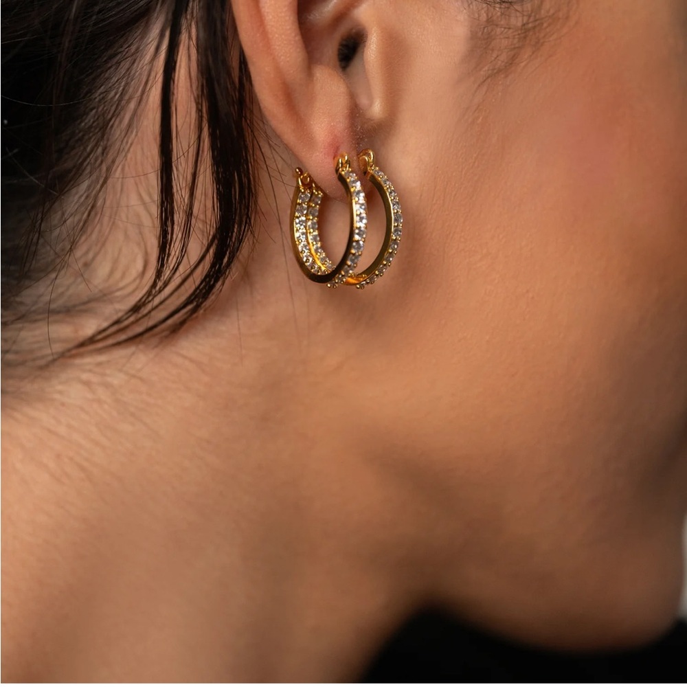 Gold Plated Hoop Earrings with Cubic Zirconia Crystals - Picture 3 of 8